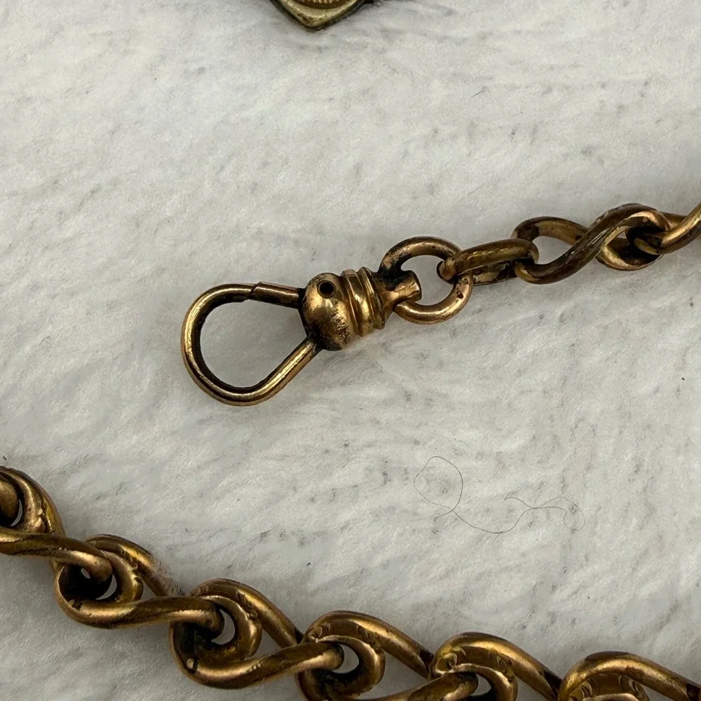 Vintage Jr OUAM Pocket Watch Chain Gold Tone Enamel Fob T-Bar Mechanics 14in